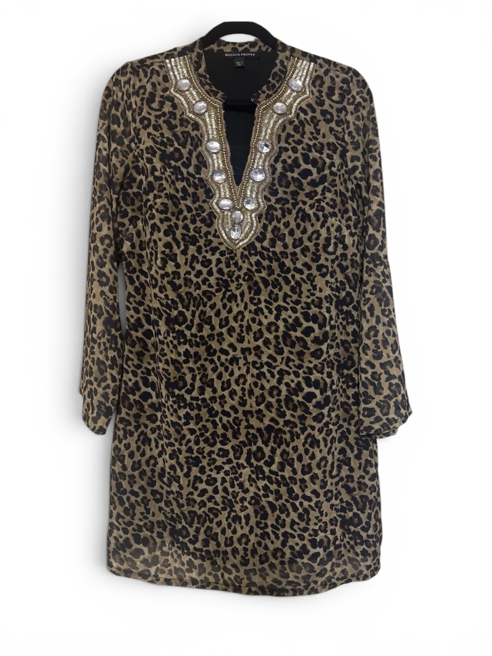 Boston Proper Black and Gold Leopard-Print Embellished Tunic